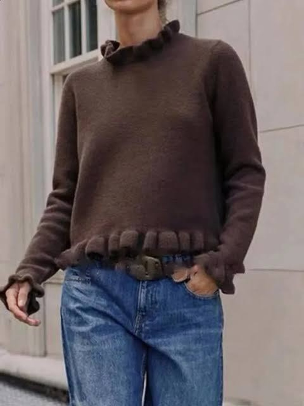 ZARA Chocolate Brown Ruffle Knit Sweater Frill Mock Neck Flounce Hem L NWT